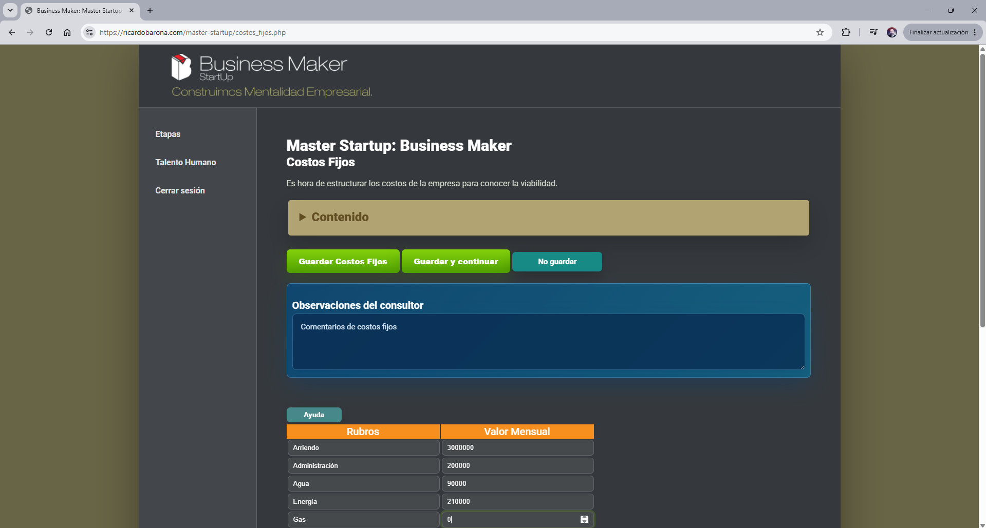 Pantalla de costos fijos en Business Maker Master Startup