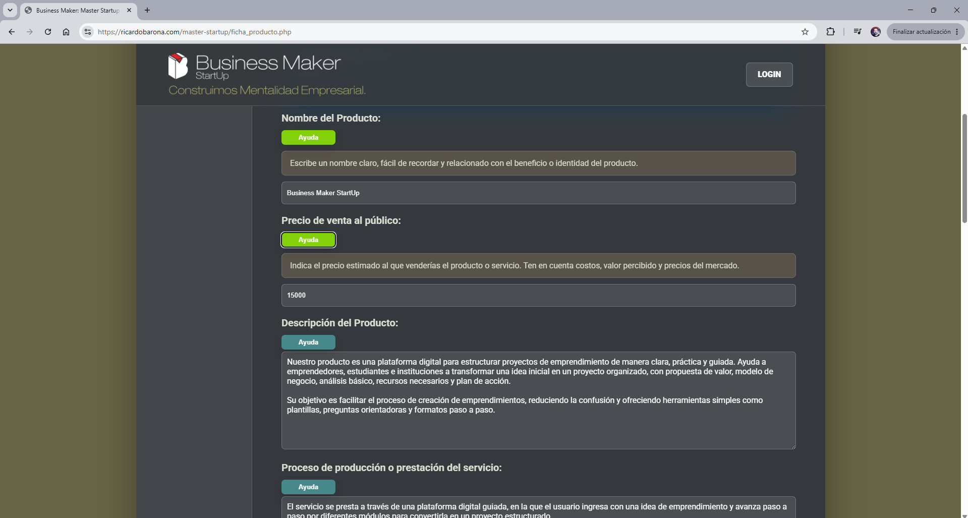 Pantalla de ficha de producto en Business Maker Master Startup