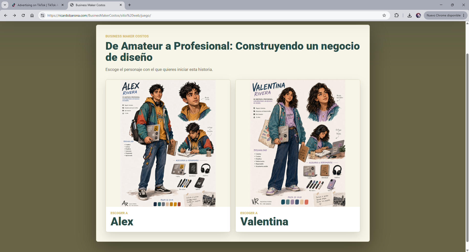 Pantalla de personajes en Business Maker Costos